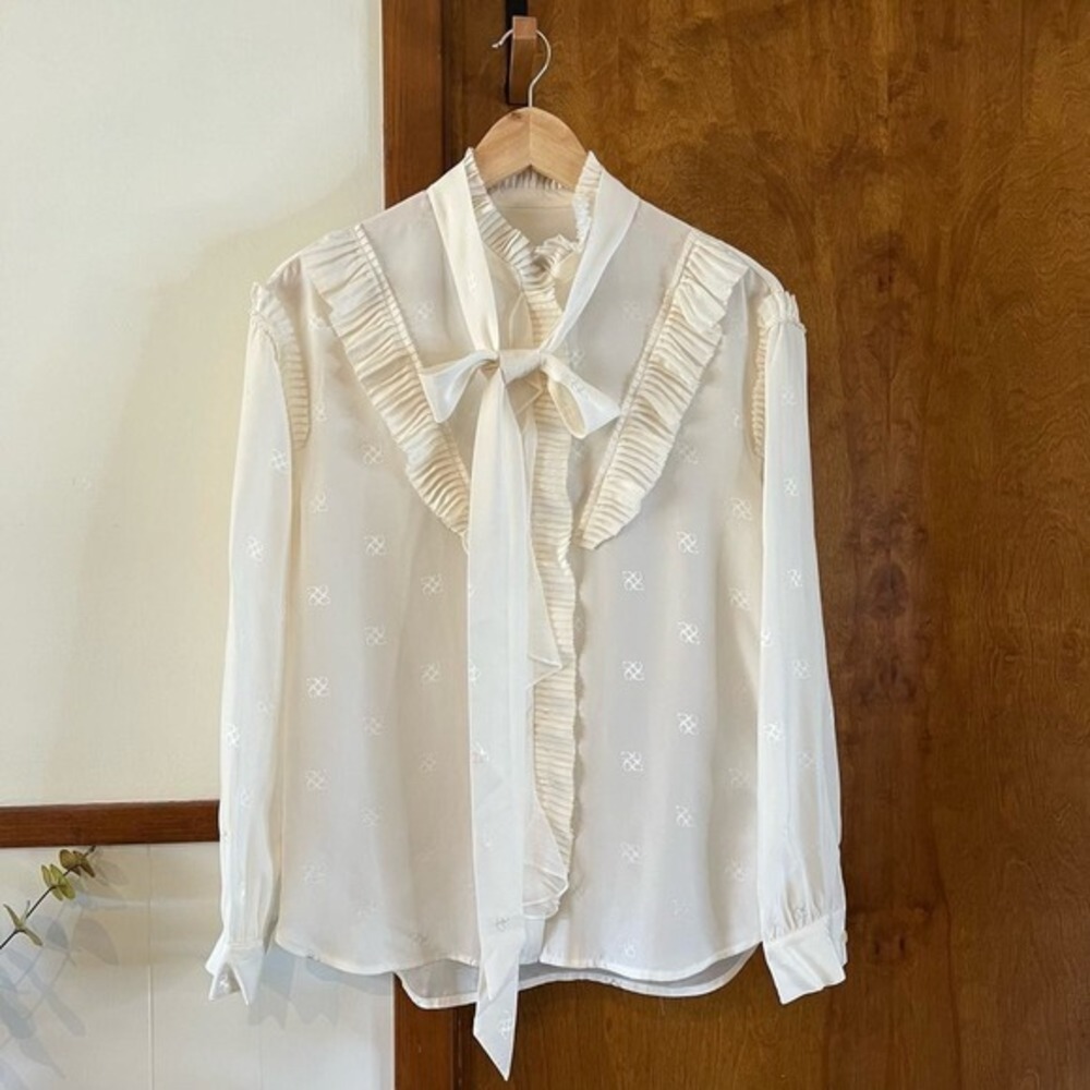 Coach Cream Ruffled Tie-Neck Button-Down Blouse